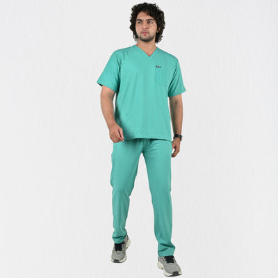 Alleda UltraFlex men's surgical green 4-way stretch V-neck medical scrub set — hero front full-body view, best OT scrubs India