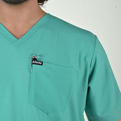 Alleda UltraFlex surgical green scrub bottom — 8-pocket layout side pocket detail, men's premium hospital operation theatre workwear India