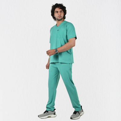 Alleda UltraFlex surgical green scrub fabric close-up — 60% Polyester 34% Rayon 6% Spandex anti-pilling wash-stable classic OT green medical scrub India
UltraflexMenVNeckSGreenScrubSet5.jpg