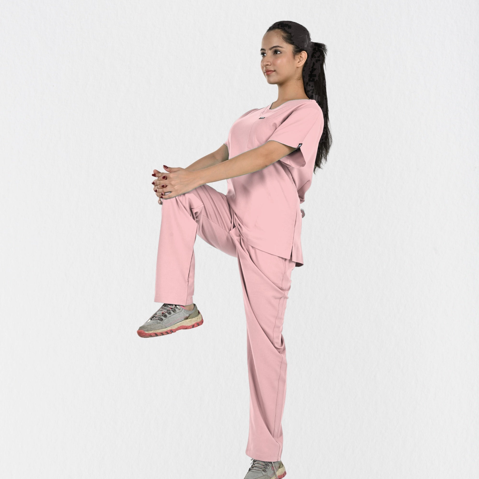 Alleda UltraFlex women's pastel pink scrub set full outfit — independent top and bottom sizing, women's exclusive premium pink medical scrubs India 2025 2026