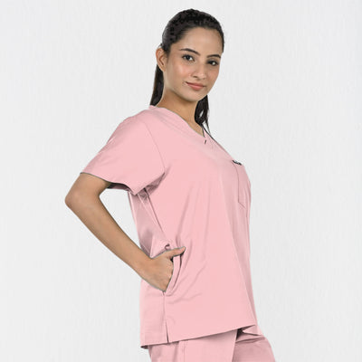Women UltraFlex 4 Way Stretch 3 Pocket V Neck Scrub Top - Pastel Pink