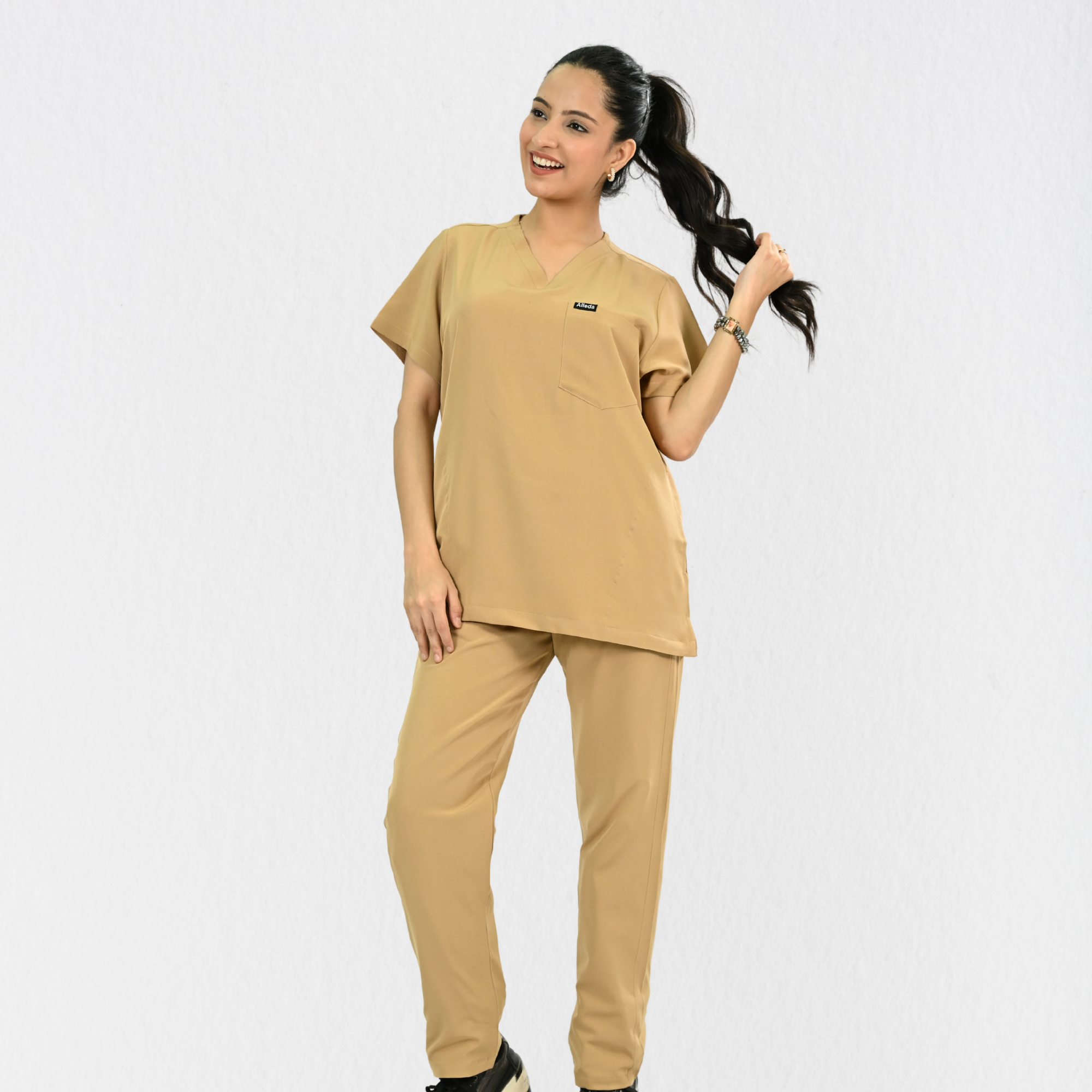 Women PrimaFlex 4 Way Stretch 5 Pocket Scrub Bottom - Beige