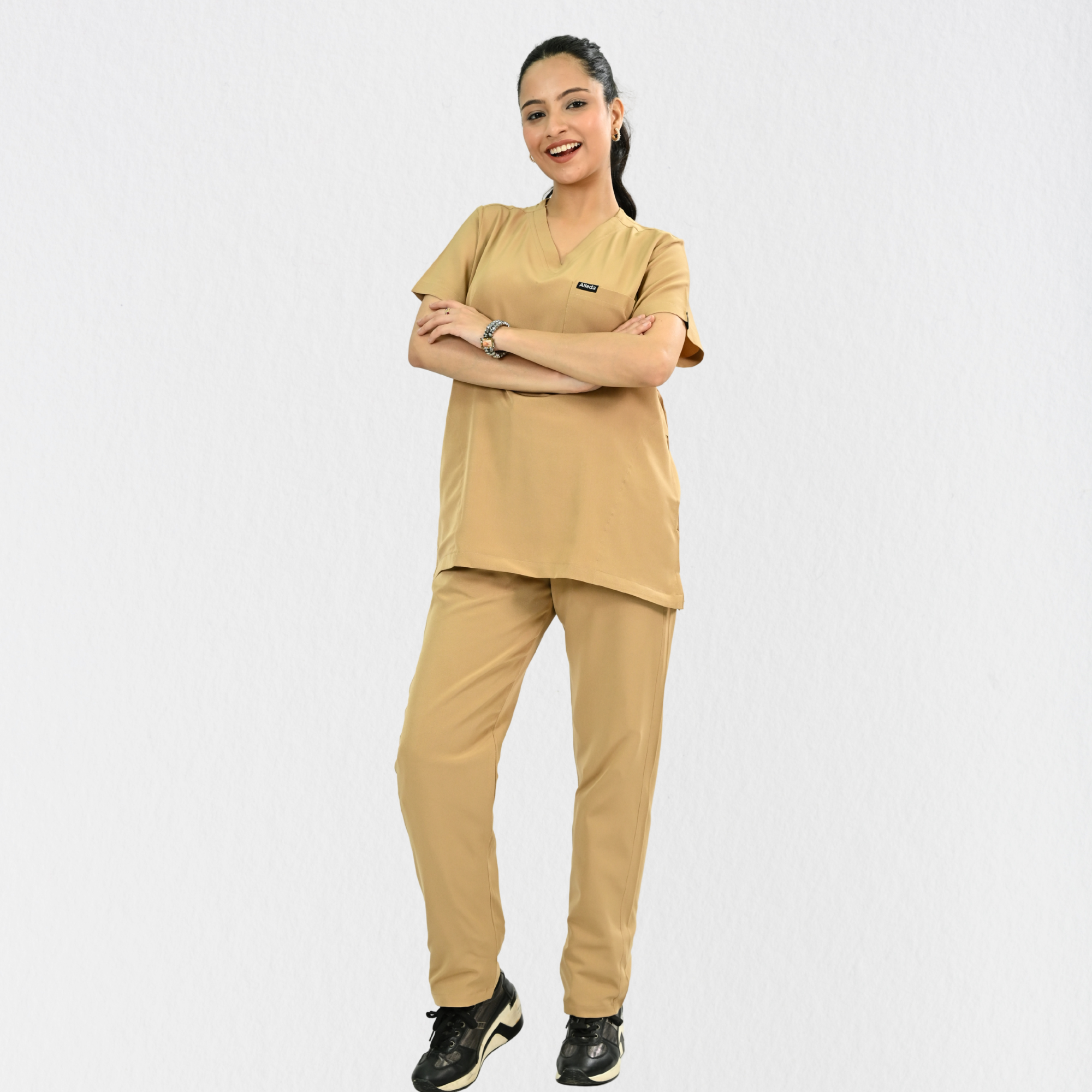 Women PrimaFlex 4 Way Stretch 8 Pocket V Neck Scrub Set - Beige