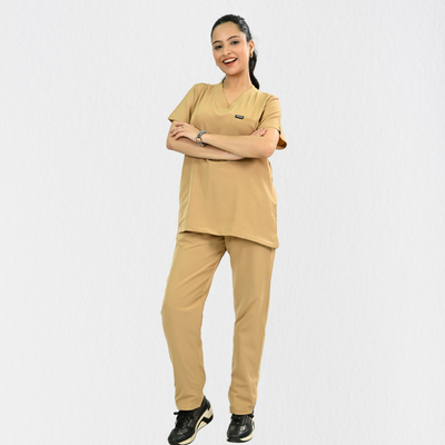 Women PrimaFlex 4 Way Stretch 8 Pocket V Neck Scrub Set - Beige