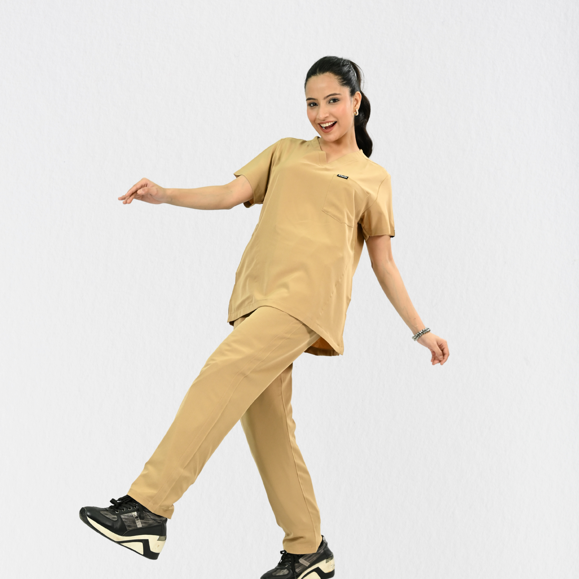Women PrimaFlex 4 Way Stretch 8 Pocket V Neck Scrub Set - Beige