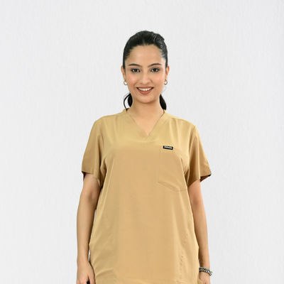 Women PrimaFlex 4 Way Stretch 3 Pocket Scrub Top - Beige