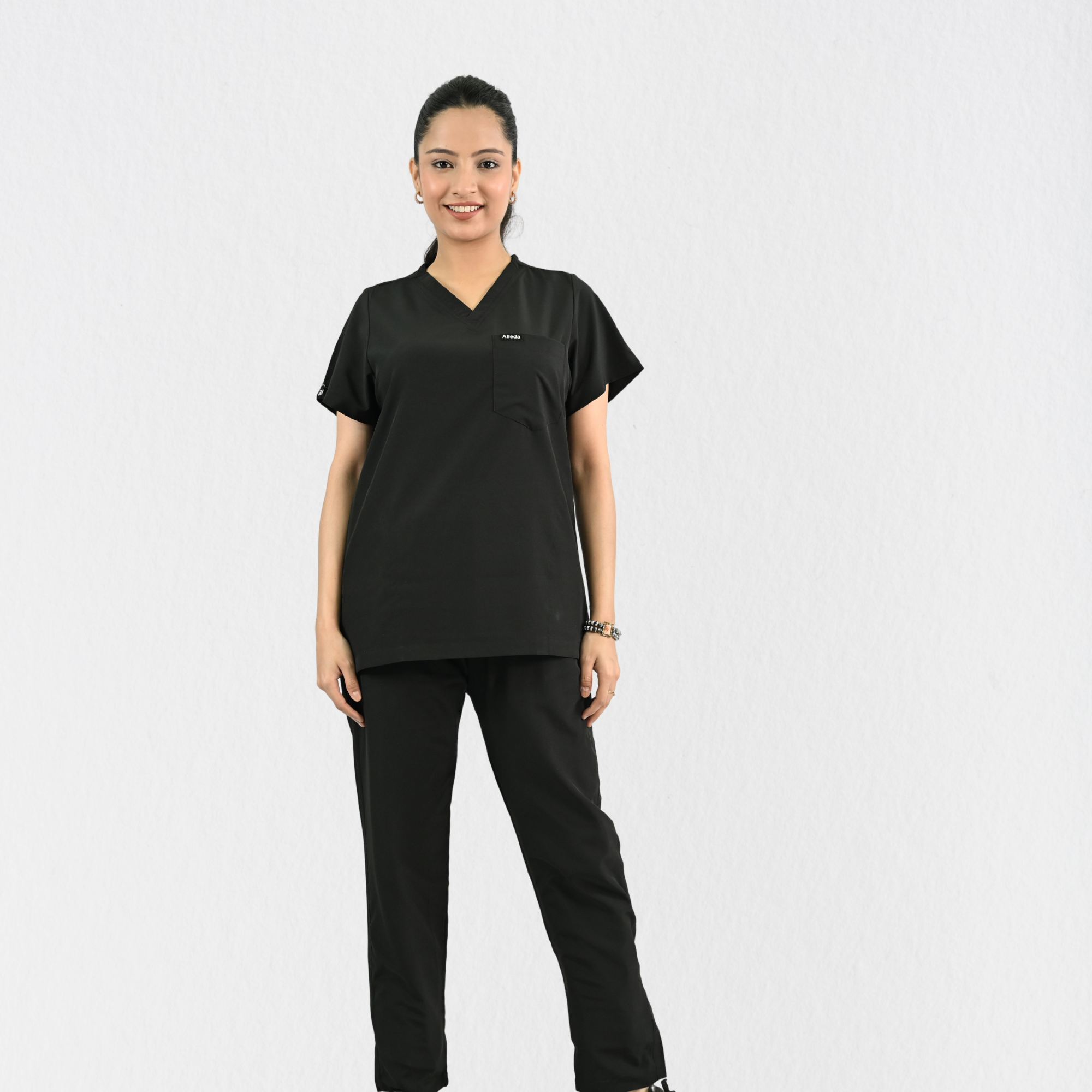 Women PrimaFlex 4 Way Stretch 8 Pocket V Neck Scrub Set - Black