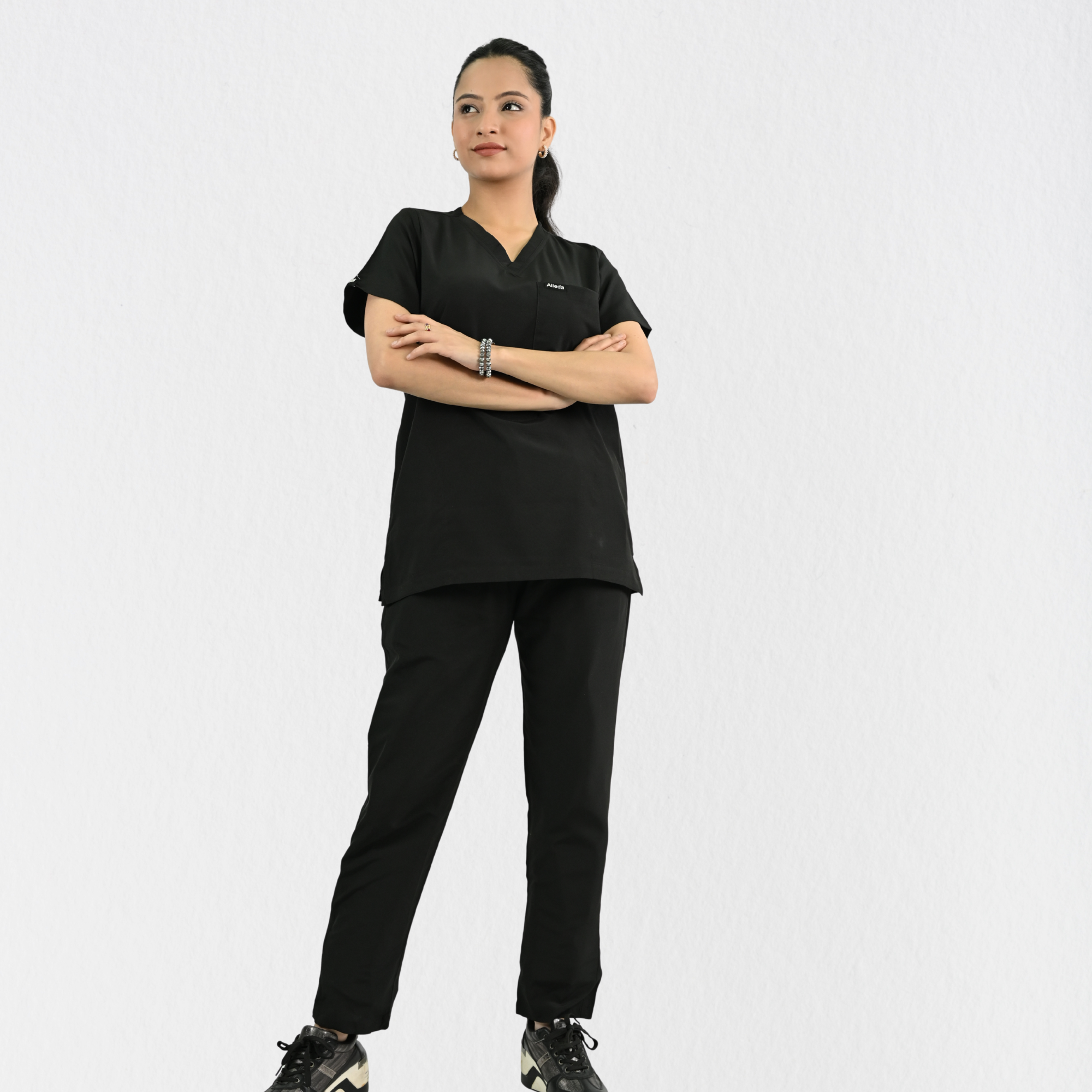 Women PrimaFlex 4 Way Stretch 8 Pocket V Neck Scrub Set - Black
