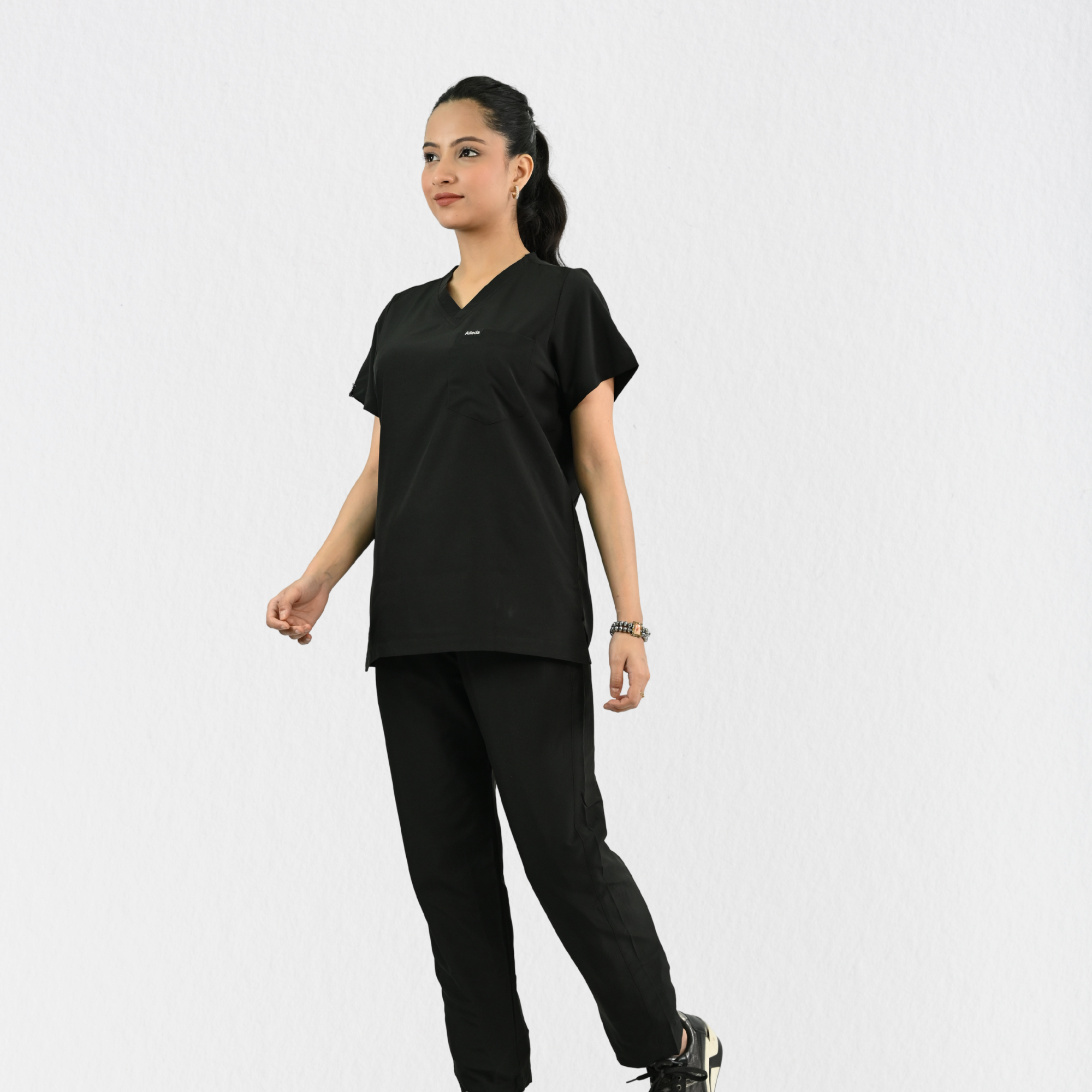 Women PrimaFlex 4 Way Stretch 8 Pocket V Neck Scrub Set - Black