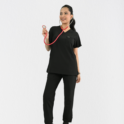 Women PrimaFlex 4 Way Stretch 8 Pocket V Neck Scrub Set - Black