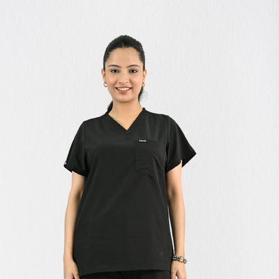 Women PrimaFlex 4 Way Stretch 3 Pocket Scrub Top - Black