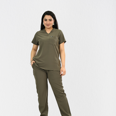 Women PrimaFlex 4 Way Stretch 8 Pocket V Neck Scrub Set - Charcoal Brown