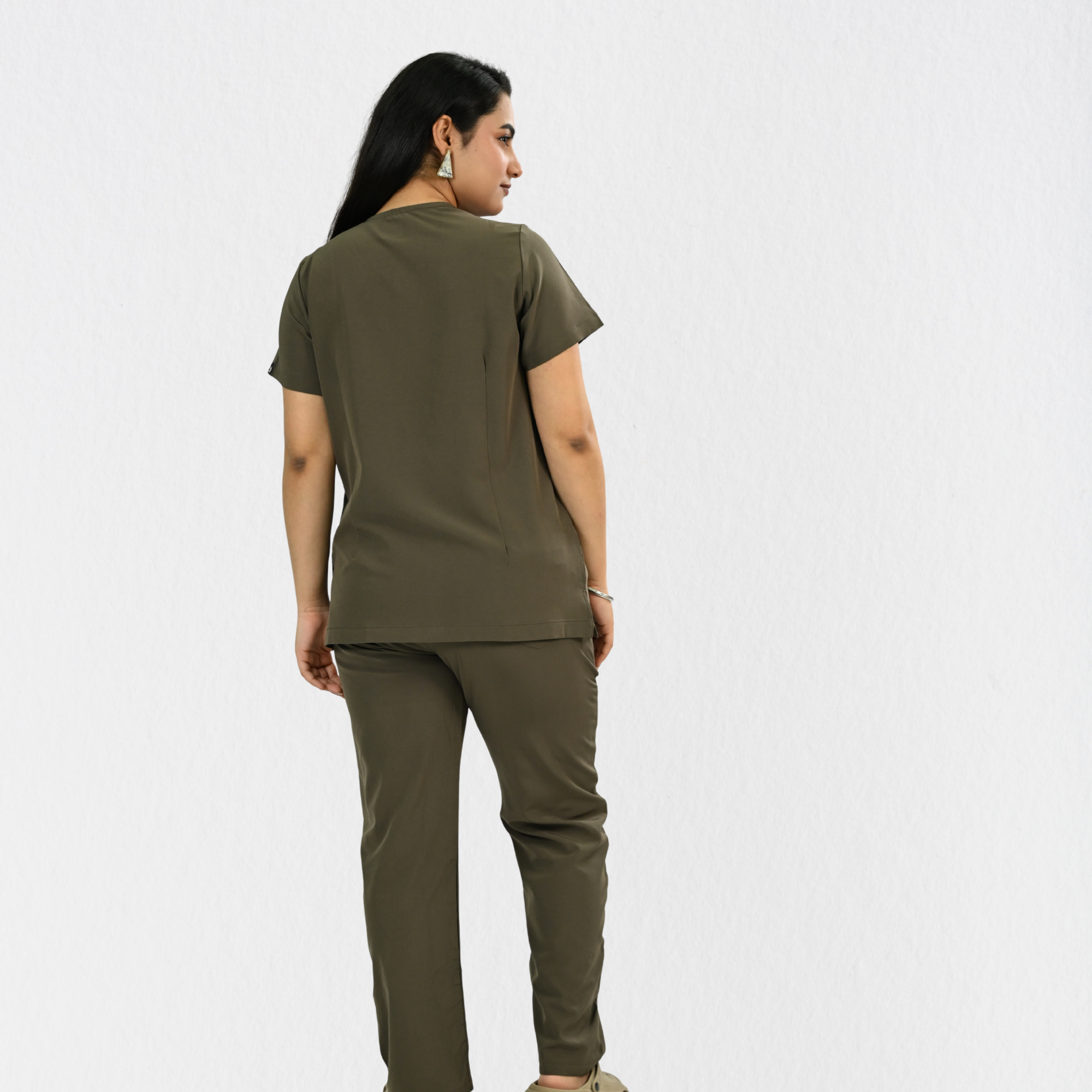 Women PrimaFlex 4 Way Stretch 8 Pocket V Neck Scrub Set - Charcoal Brown