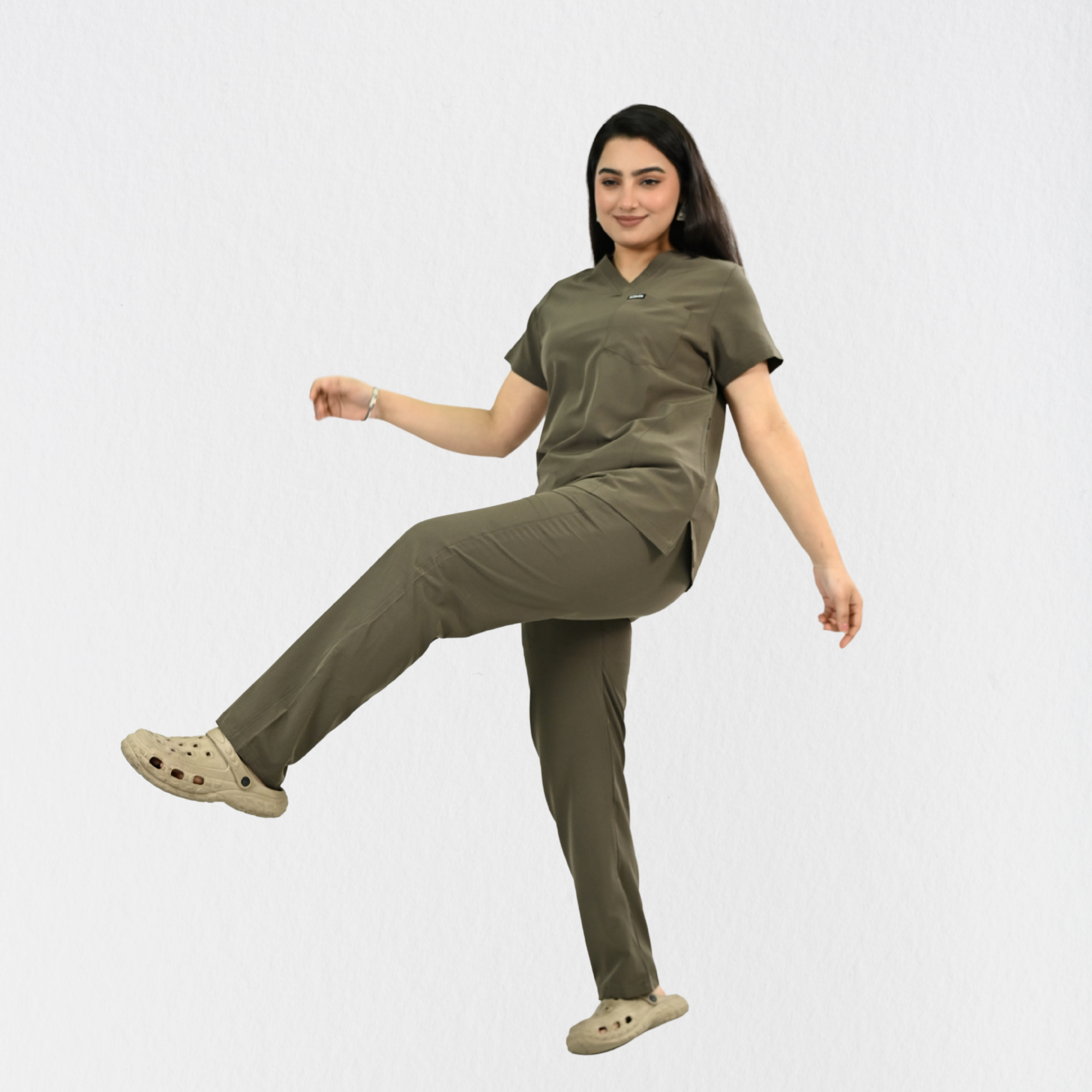 Women PrimaFlex 4 Way Stretch 8 Pocket V Neck Scrub Set - Charcoal Brown