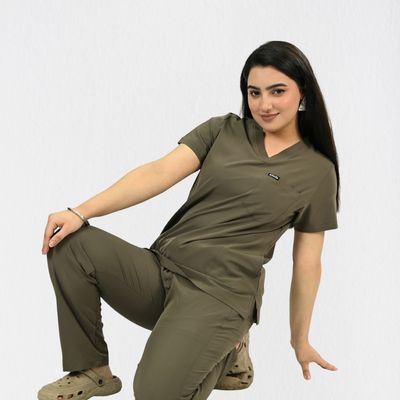 Women PrimaFlex 4 Way Stretch 8 Pocket V Neck Scrub Set - Charcoal Brown