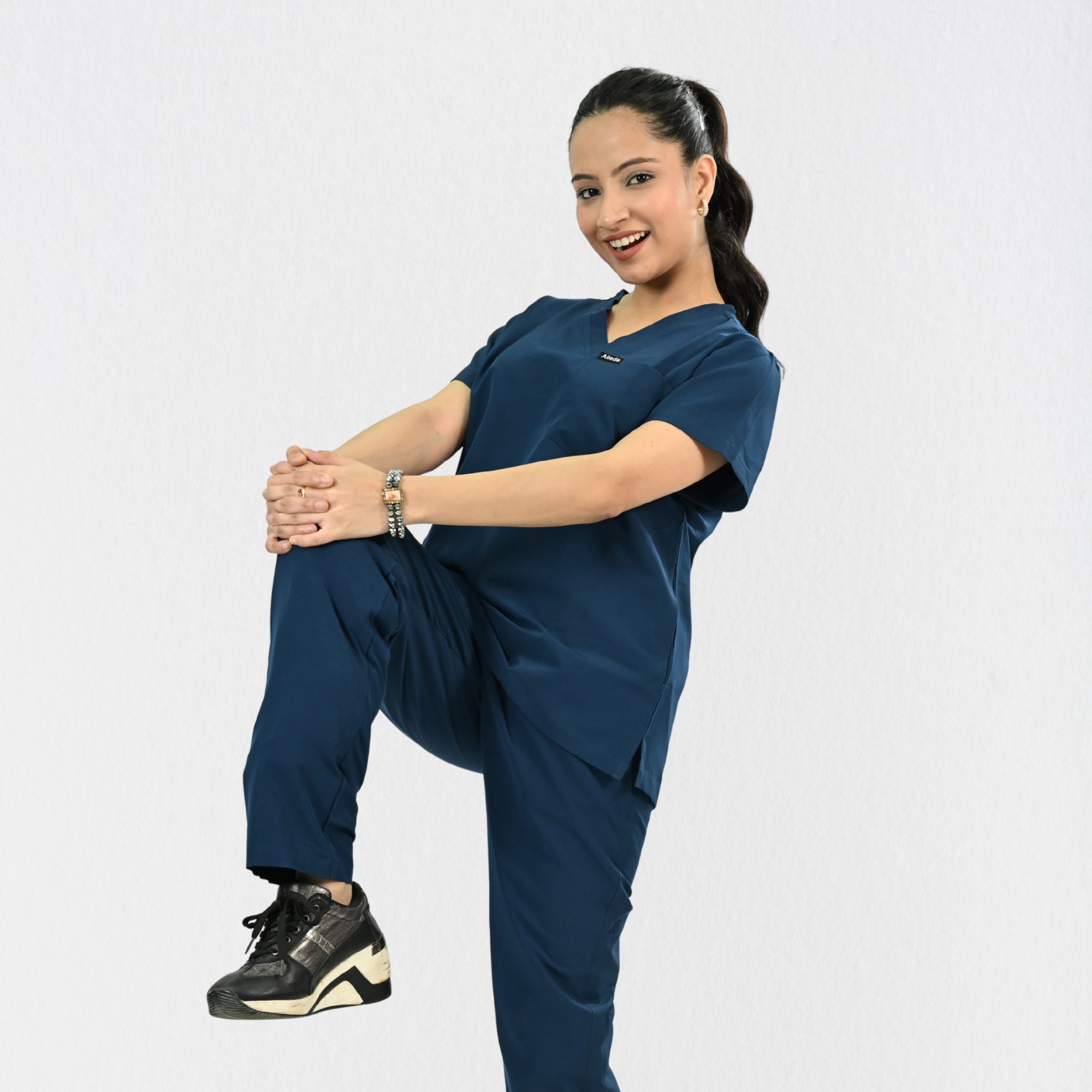 Women PrimaFlex 4 Way Stretch 8 Pocket V Neck Scrub Set - Crystal Teal