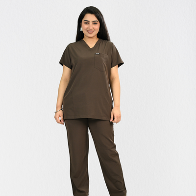 Women PrimaFlex 4 Way Stretch 8 Pocket V Neck Scrub Set - Dark Brown