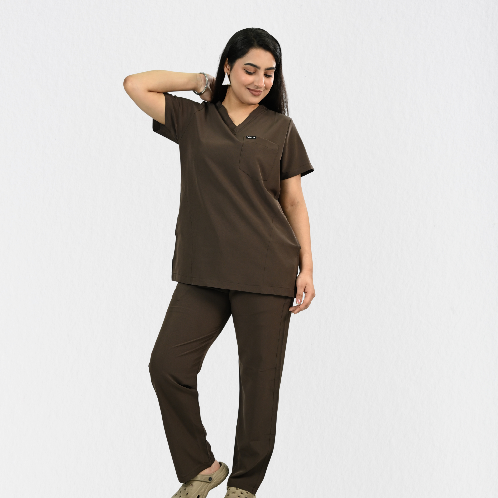 Women PrimaFlex 4 Way Stretch 8 Pocket V Neck Scrub Set - Dark Brown