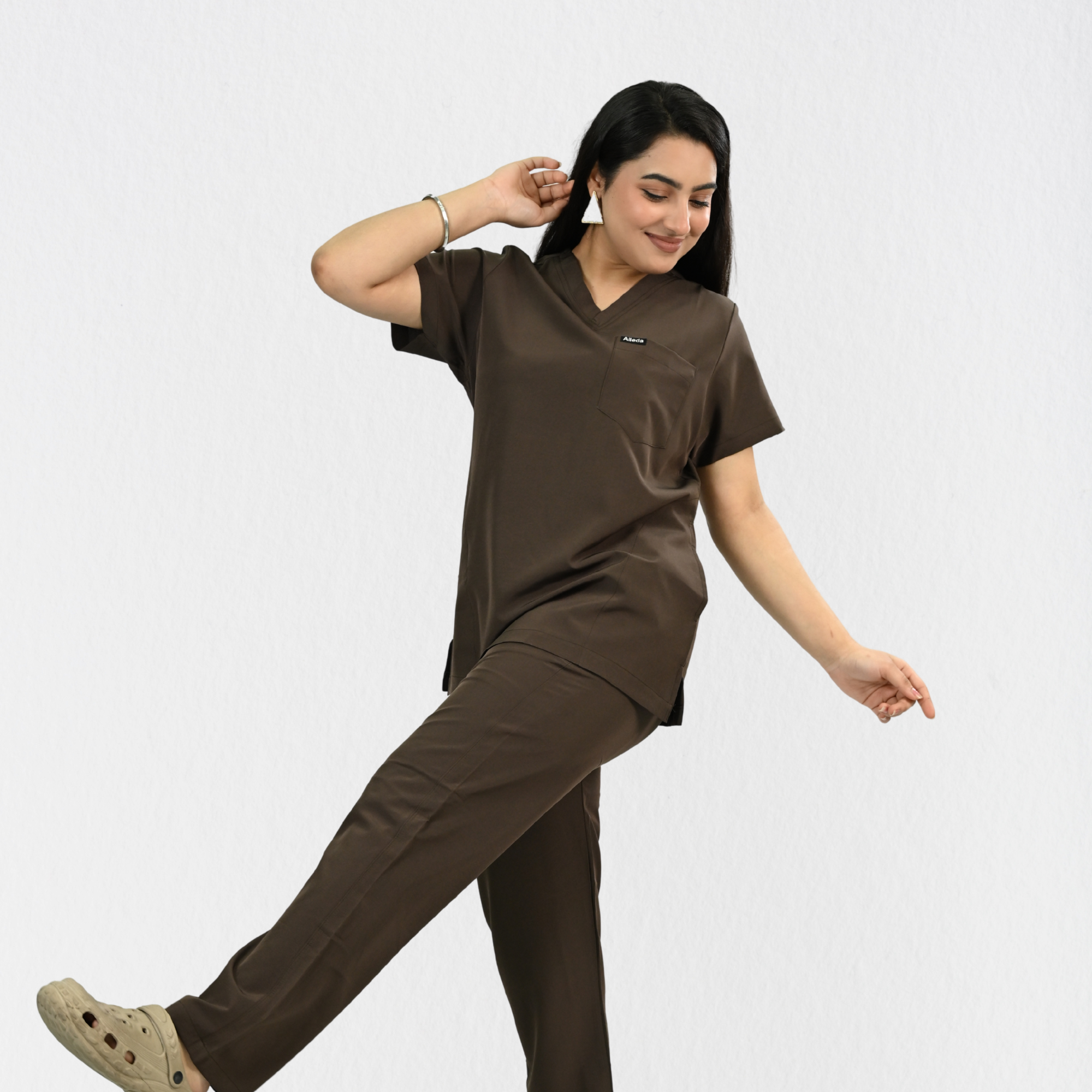 Women PrimaFlex 4 Way Stretch 8 Pocket V Neck Scrub Set - Dark Brown