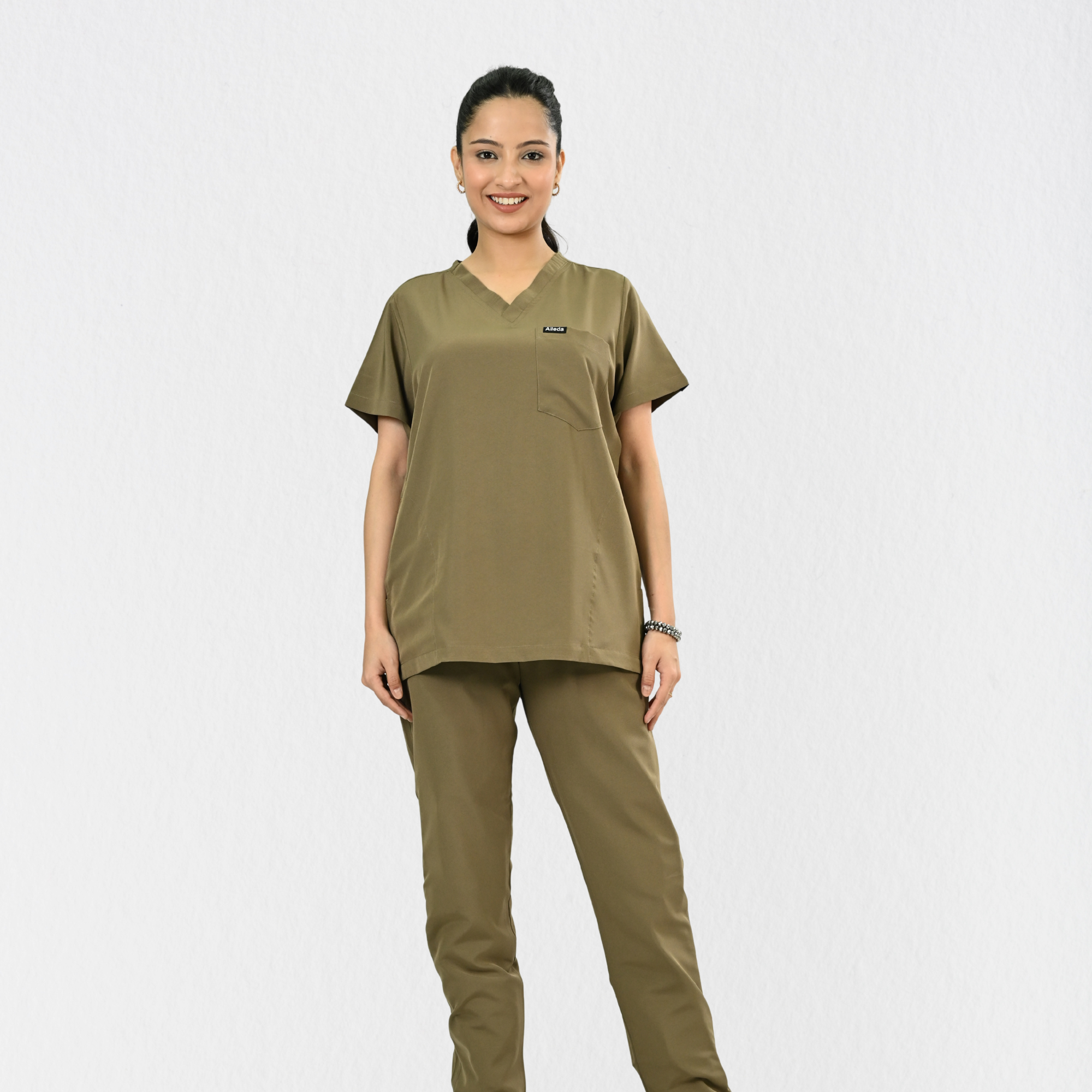 Women PrimaFlex 4 Way Stretch 8 Pocket V Neck Scrub Set - Khaki
