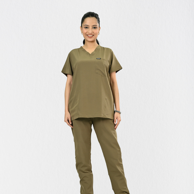 Women PrimaFlex 4 Way Stretch 8 Pocket V Neck Scrub Set - Khaki