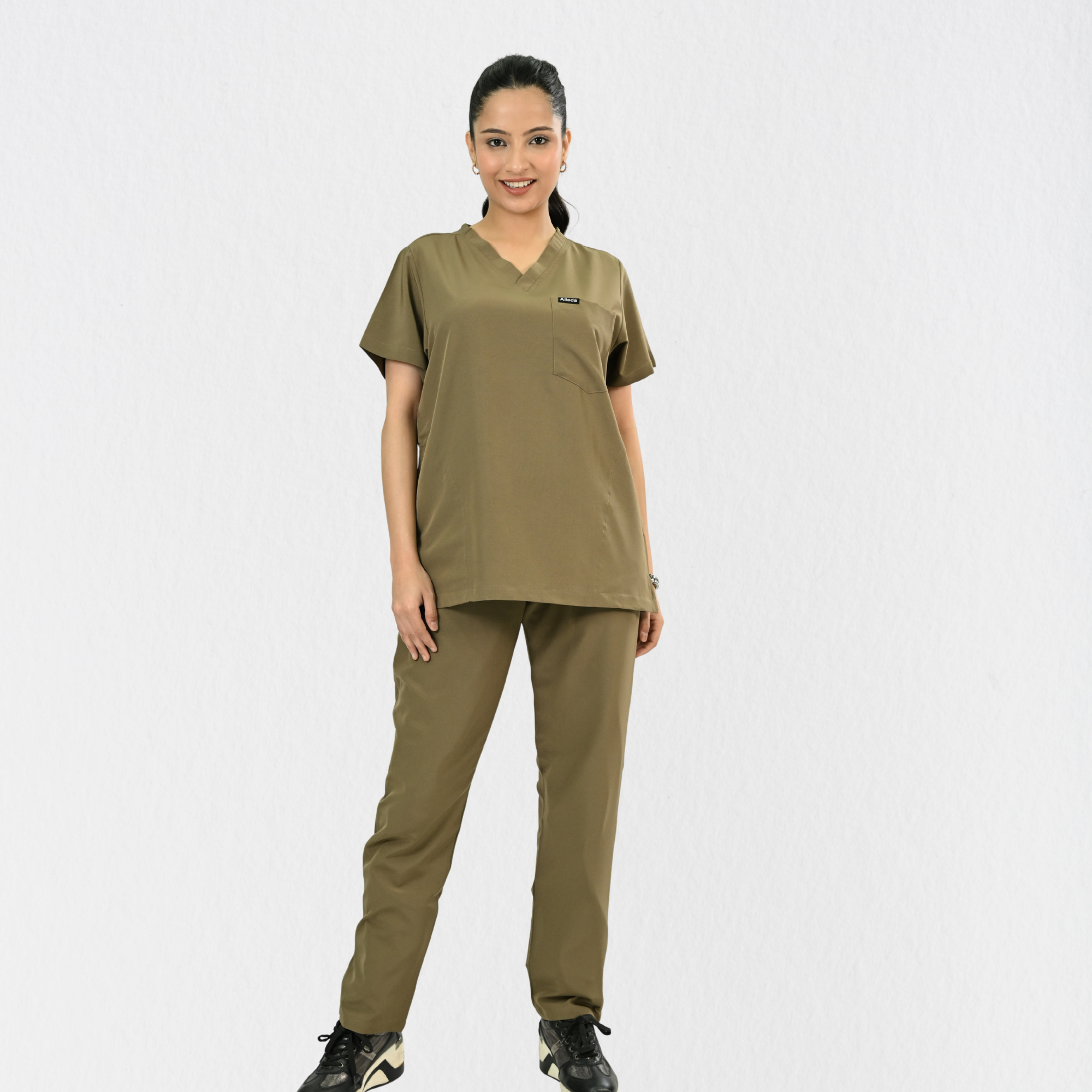Women PrimaFlex 4 Way Stretch 8 Pocket V Neck Scrub Set - Khaki