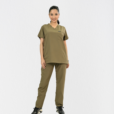 Women PrimaFlex 4 Way Stretch 8 Pocket V Neck Scrub Set - Khaki
