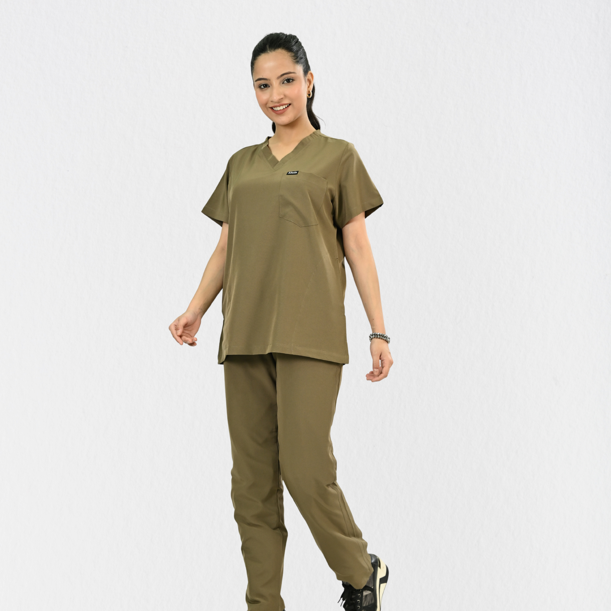 Women PrimaFlex 4 Way Stretch 8 Pocket V Neck Scrub Set - Khaki