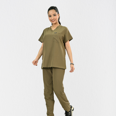 Women PrimaFlex 4 Way Stretch 8 Pocket V Neck Scrub Set - Khaki
