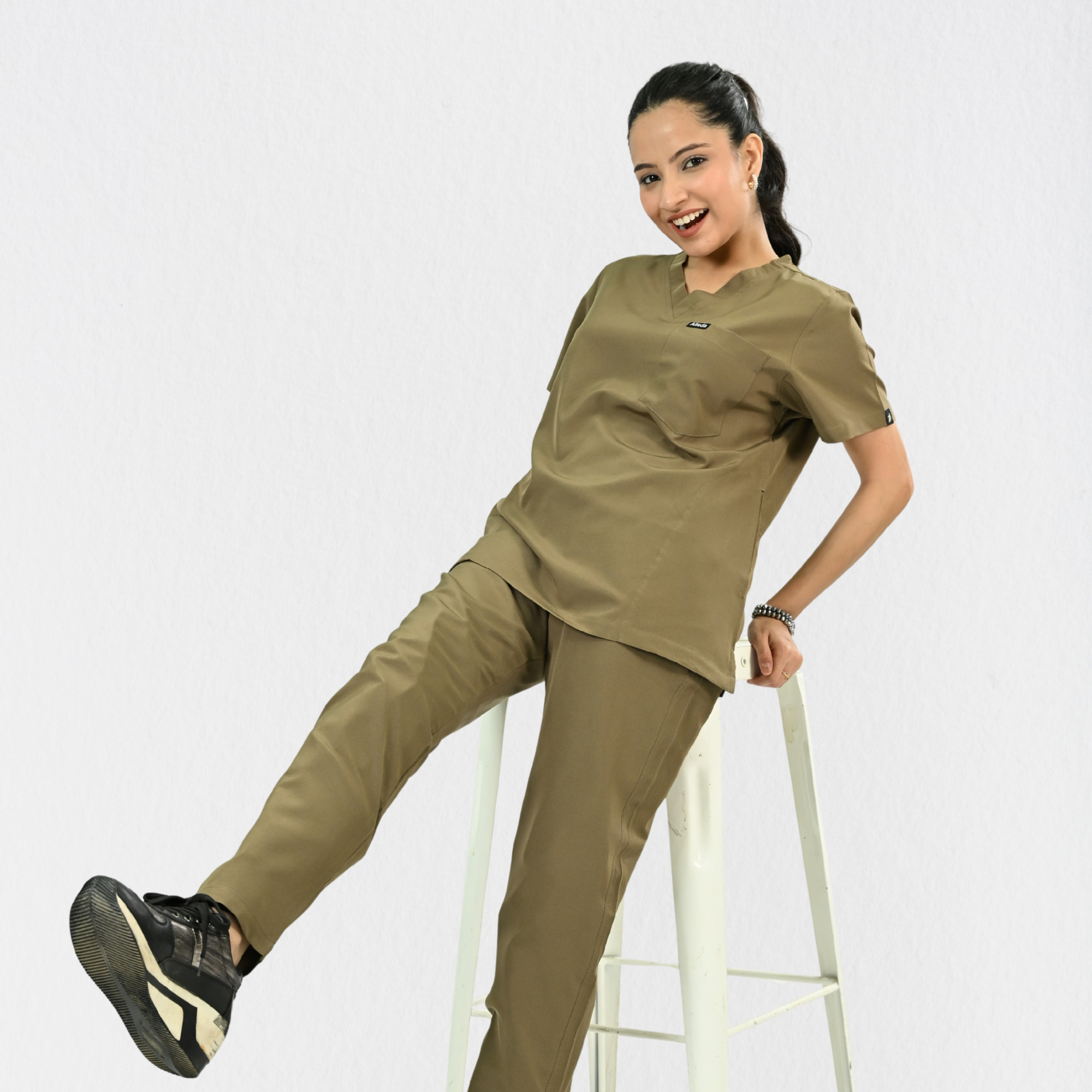 Women PrimaFlex 4 Way Stretch 8 Pocket V Neck Scrub Set - Khaki