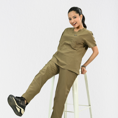 Women PrimaFlex 4 Way Stretch 8 Pocket V Neck Scrub Set - Khaki