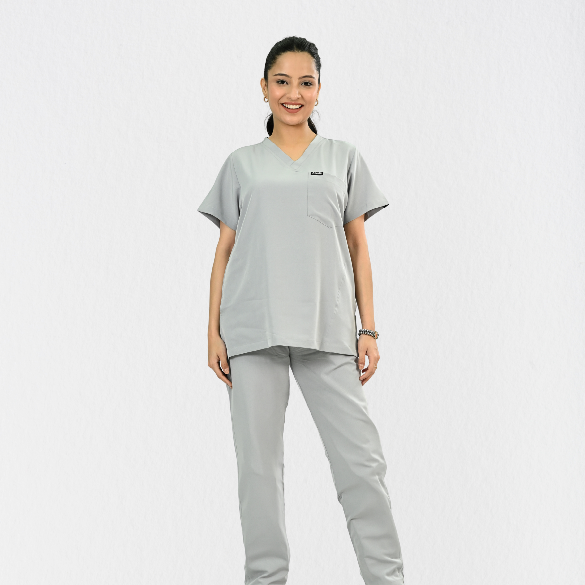 Women PrimaFlex 4 Way Stretch 8 Pocket V Neck Scrub Set - Light Grey