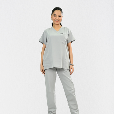 Women PrimaFlex 4 Way Stretch 8 Pocket V Neck Scrub Set - Light Grey