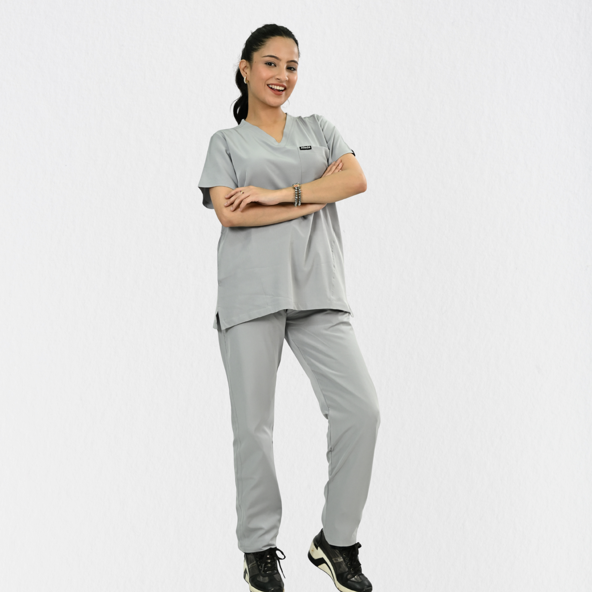 Women PrimaFlex 4 Way Stretch 8 Pocket V Neck Scrub Set - Light Grey