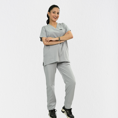 Women PrimaFlex 4 Way Stretch 8 Pocket V Neck Scrub Set - Light Grey