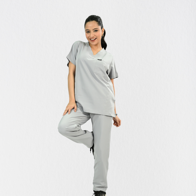 Women PrimaFlex 4 Way Stretch 8 Pocket V Neck Scrub Set - Light Grey