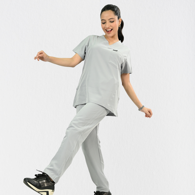 Women PrimaFlex 4 Way Stretch 8 Pocket V Neck Scrub Set - Light Grey