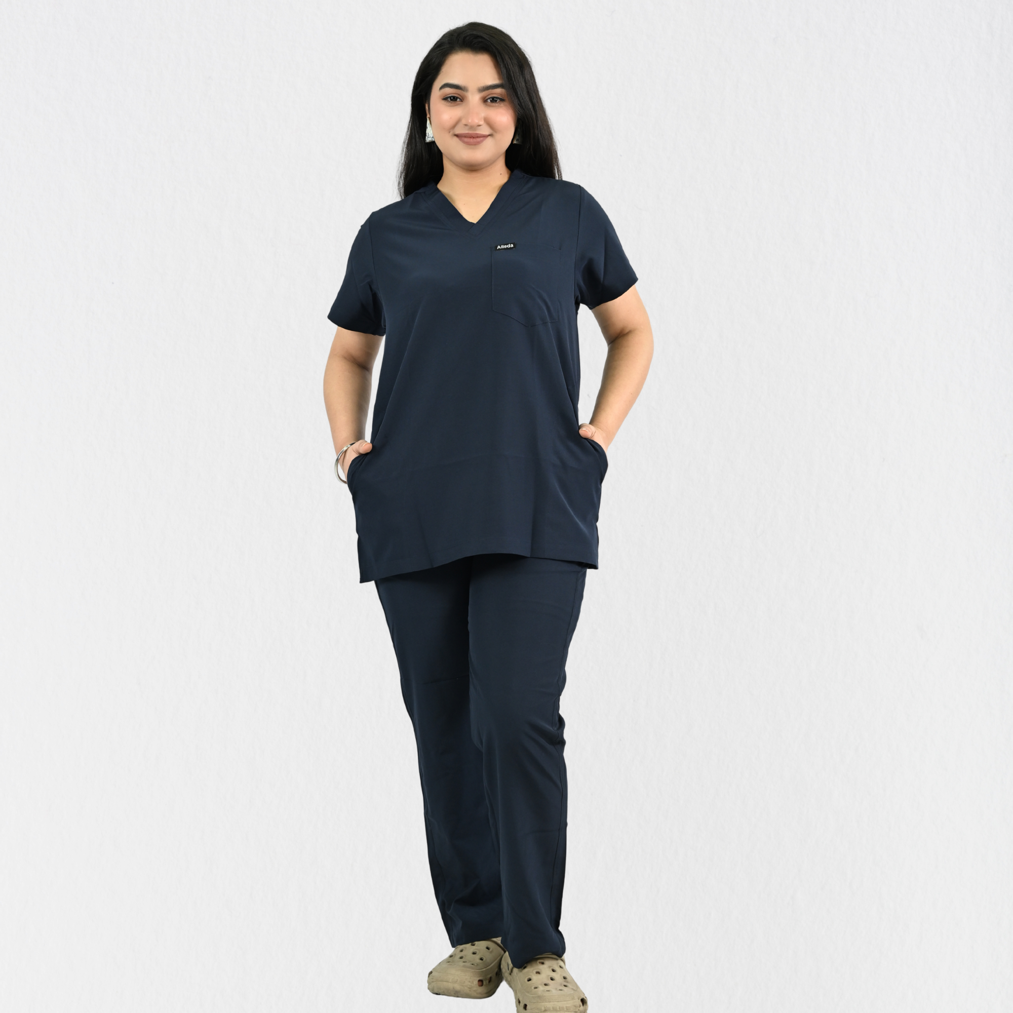 Women PrimaFlex 4 Way Stretch 8 Pocket V Neck Scrub Set - Navy Blue