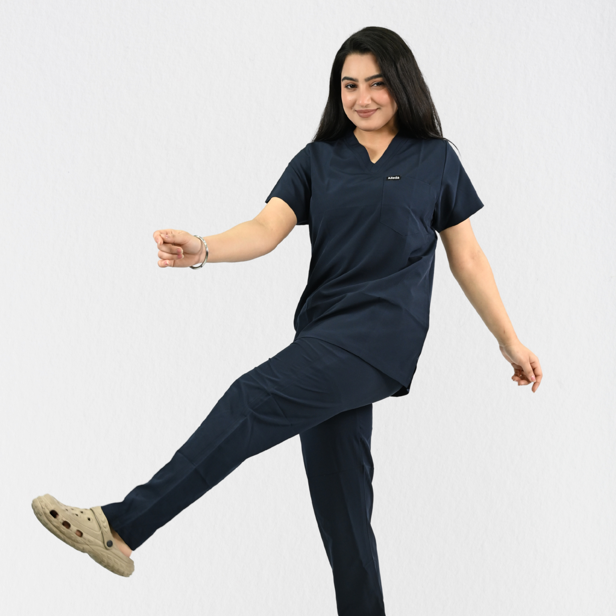 Women PrimaFlex 4 Way Stretch 8 Pocket V Neck Scrub Set - Navy Blue
