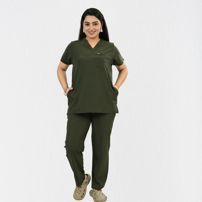 Women PrimaFlex 4 Way Stretch 8 Pocket V Neck Scrub Set - Olive