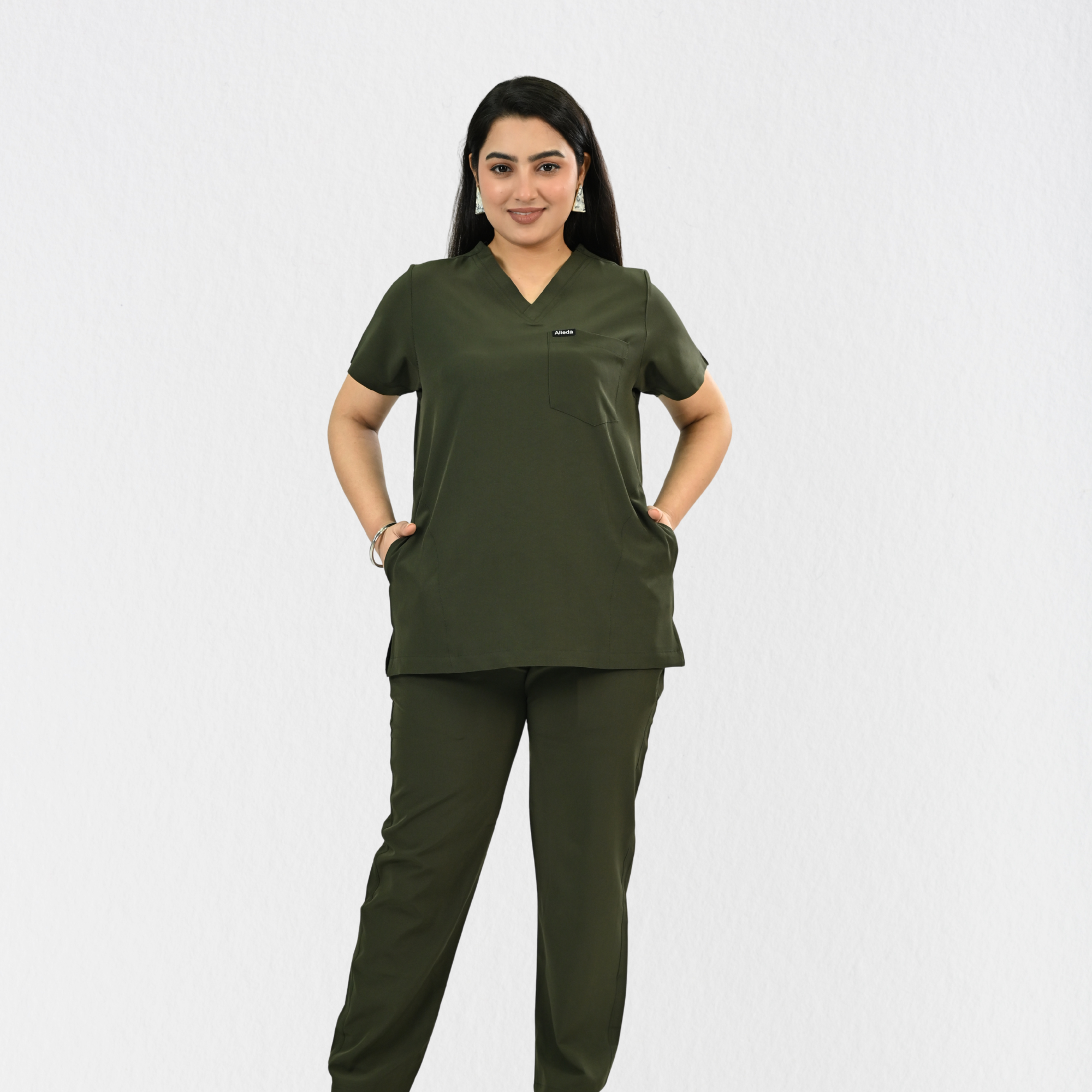 Women PrimaFlex 4 Way Stretch 8 Pocket V Neck Scrub Set - Olive