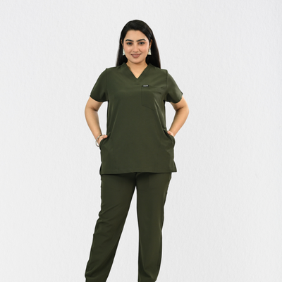 Women PrimaFlex 4 Way Stretch 8 Pocket V Neck Scrub Set - Olive
