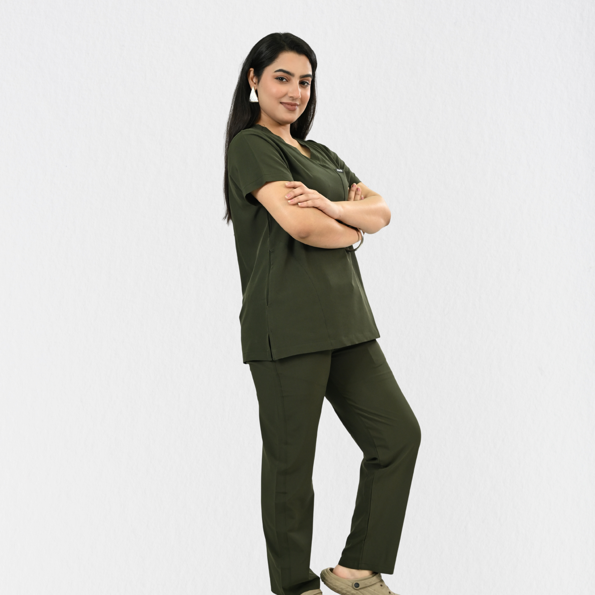 Women PrimaFlex 4 Way Stretch 8 Pocket V Neck Scrub Set - Olive