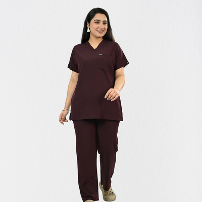 Women PrimaFlex 4 Way Stretch 8 Pocket V Neck Scrub Set - Wine