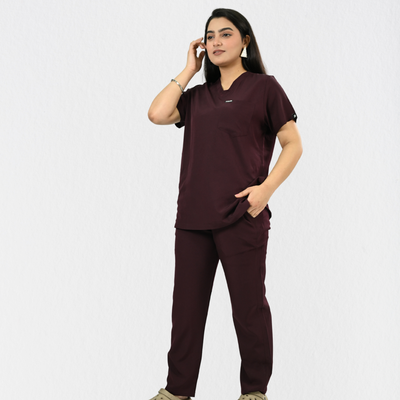 Women PrimaFlex 4 Way Stretch 8 Pocket V Neck Scrub Set - Wine