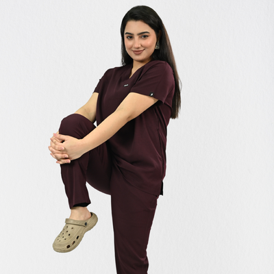 Women PrimaFlex 4 Way Stretch 8 Pocket V Neck Scrub Set - Wine